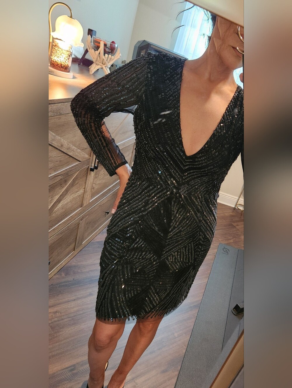Black Sequin V-Neck Long Sleeve Dress